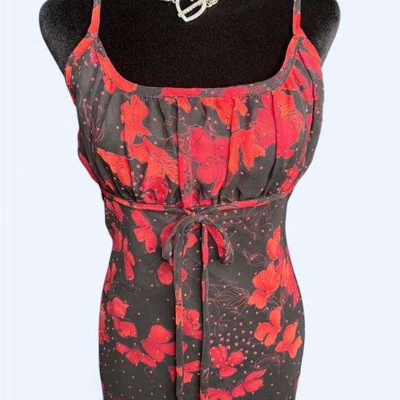 Younique floral mesh midi dress red black rhinestone tie front size S Y2K - Picture 4 of 7